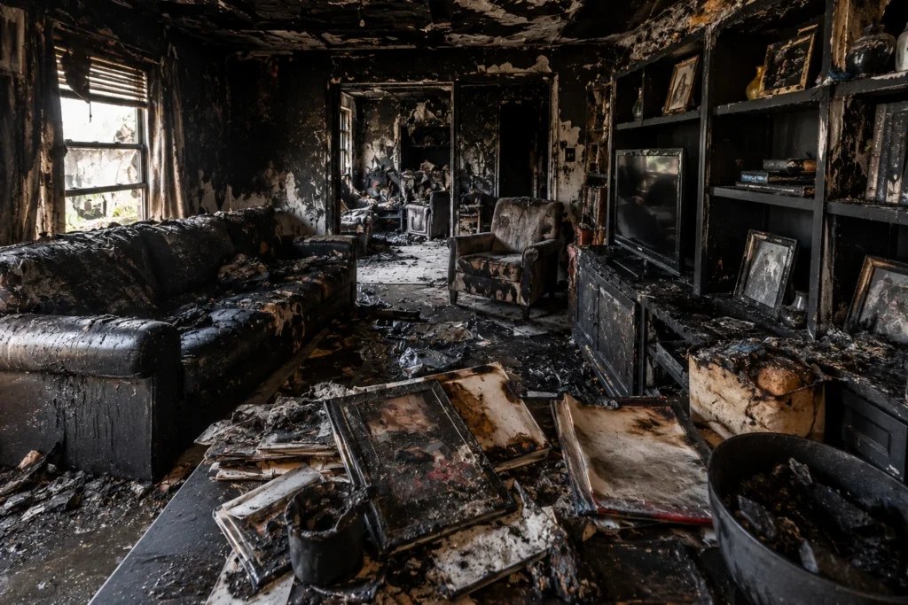 Living room after a house fire with a charred sofa, armchair, television, shelves and burned photo frames