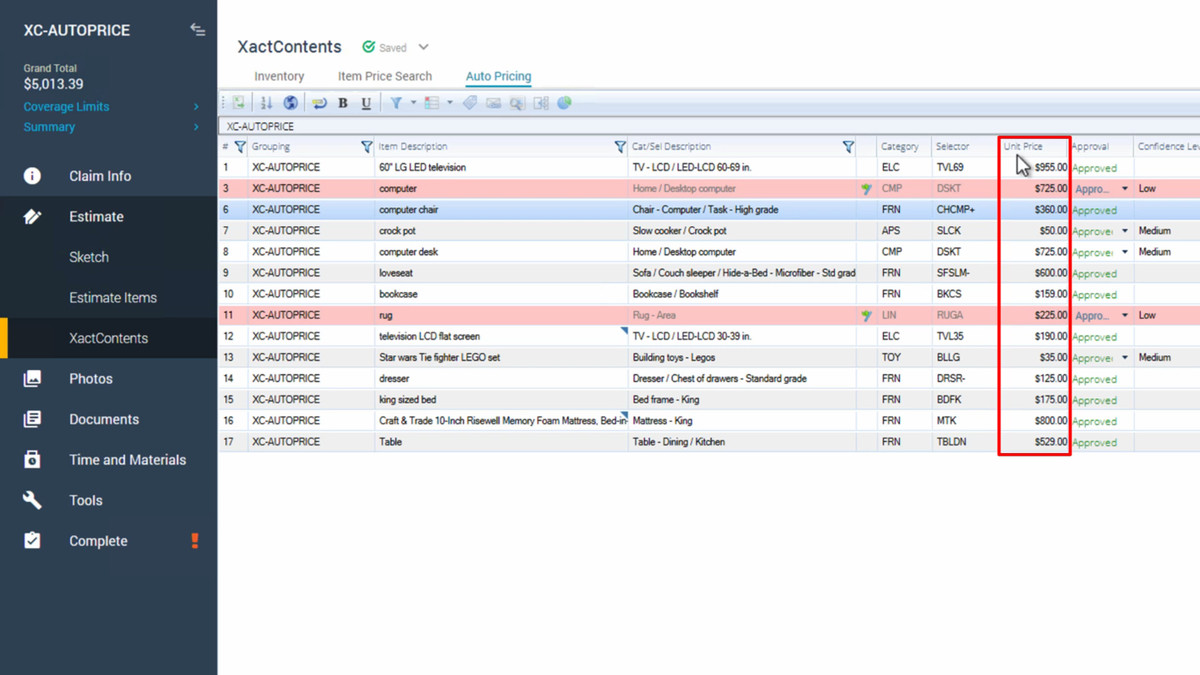 XactContents Auto Pricing screen showing an itemized contents inventory with categories, unit prices and a grand total