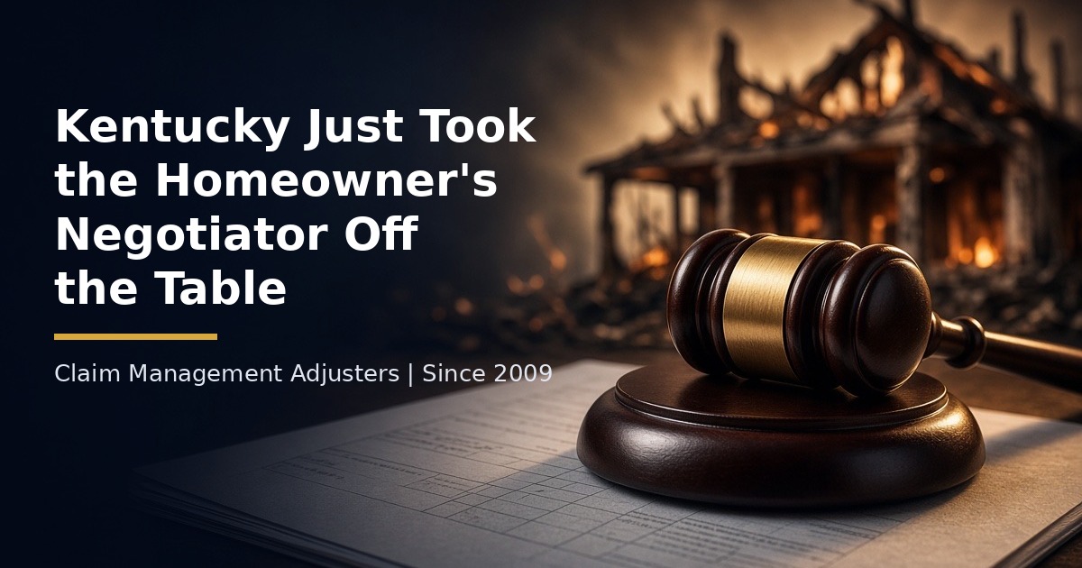 Wooden gavel on an insurance claim document in front of a burning house, with the title Kentucky Just Took the Homeowner's Negotiator Off the Table