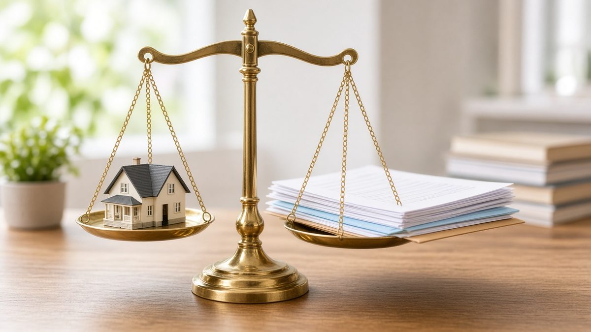 Balance scale weighing a model house against a stack of claim papers
