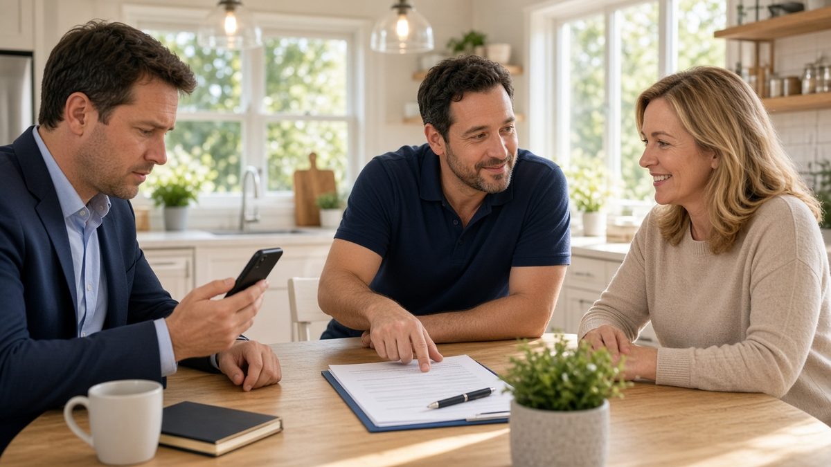 Public adjuster reviewing a claim with a homeowner while an insurance adjuster checks his phone