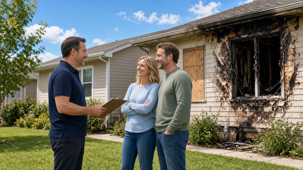 Public adjuster with a clipboard talking with homeowners outside their fire-damaged house