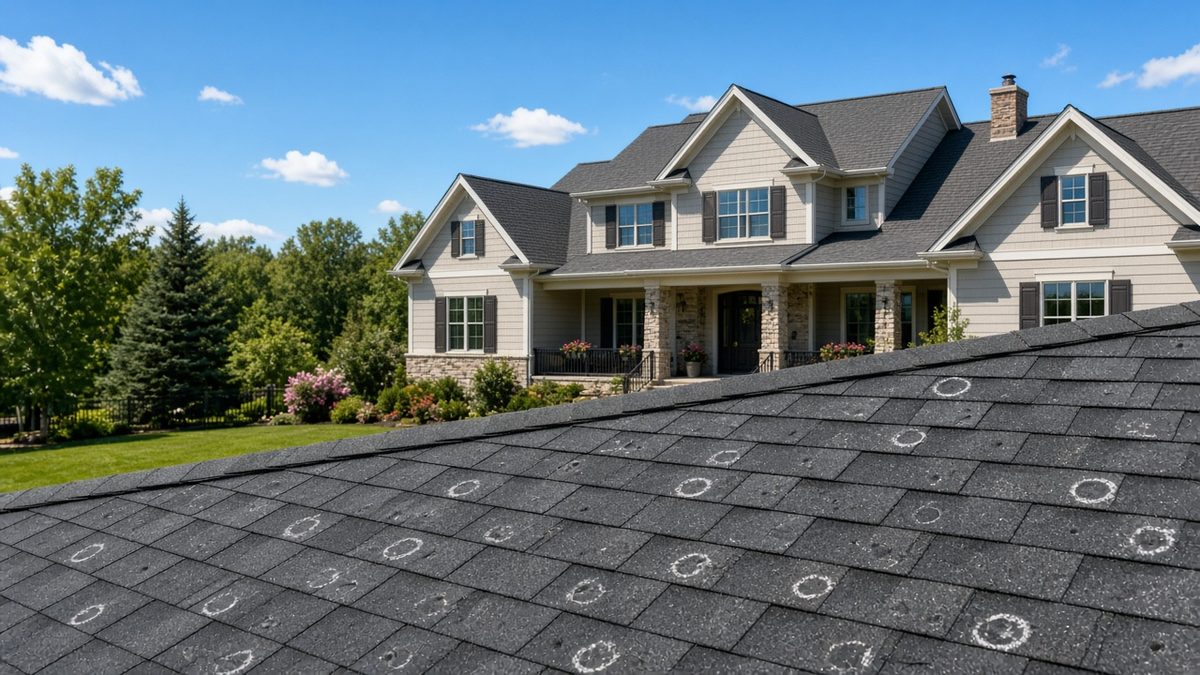 Hail hits circled in chalk on a roof in front of a large home