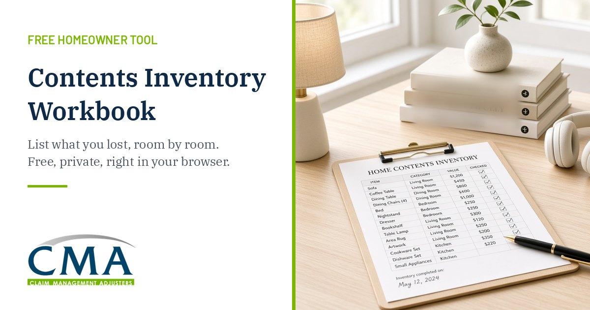 Home contents inventory checklist on a clipboard with a pen on a bright desk